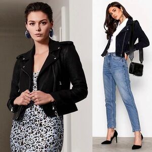 NWT L’AGENCE Leather Suede Black Asymmetrical Zip Slim Crop Moto Biker Jacket XS